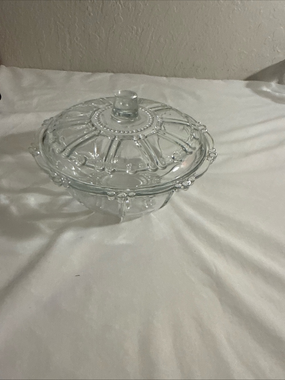 KIG INDONESIA CLEAR Press GLASS CANDY DISH W/ LID 7" Vintage